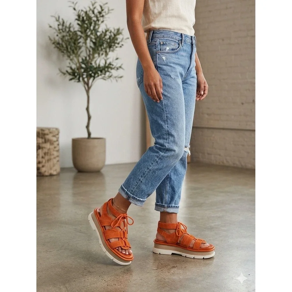 Sorel Cameron Flatform Lace Sandals Orange Suede Platform NL4677-806 Womens 9.5